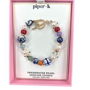 Piper K Freshwater Pearl Genuine Stones Beaded Bracelet Multicolor Gold Tone NWT